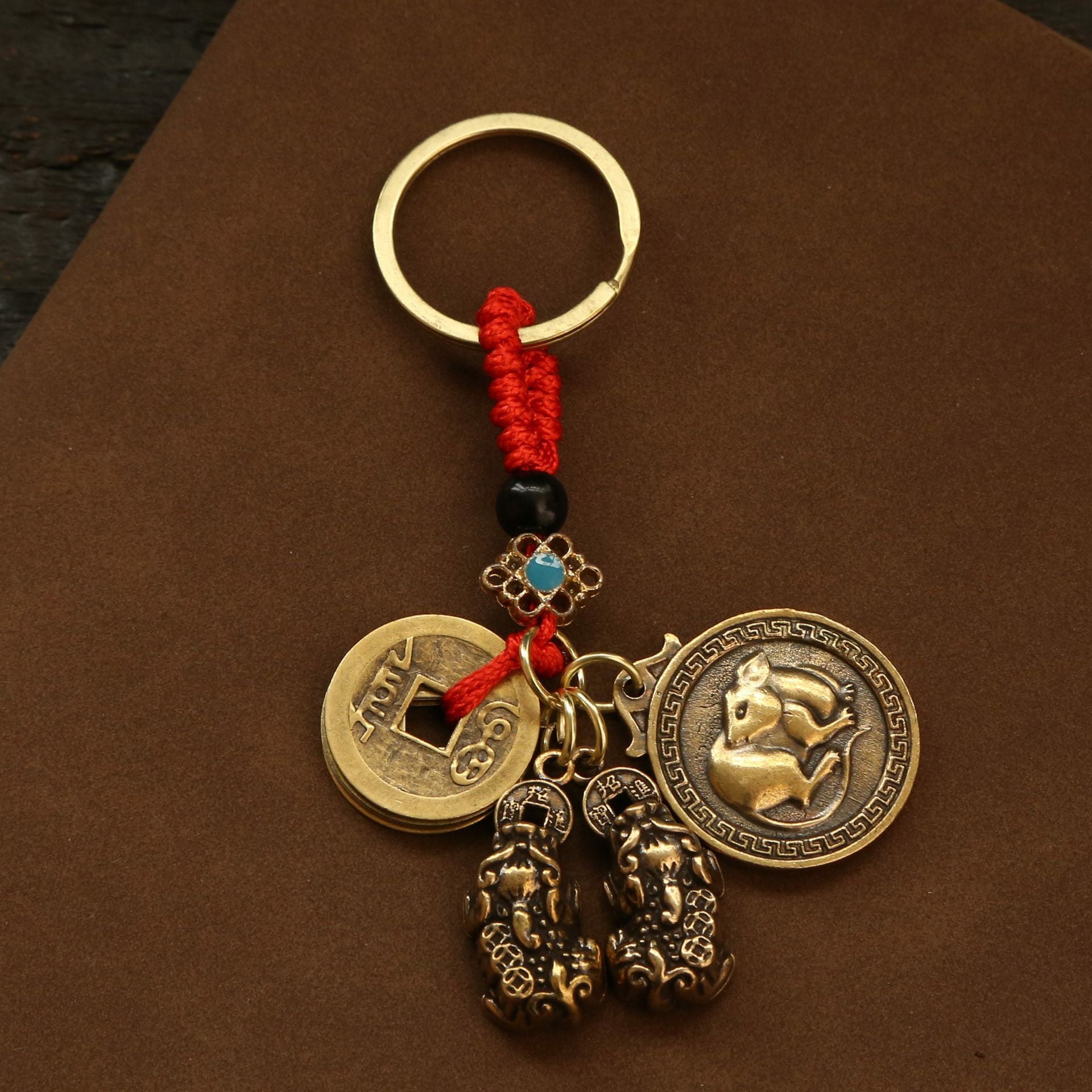 Wholesale Brass Zodiac Fu Brand Double Pixiu Red Rope Key Set